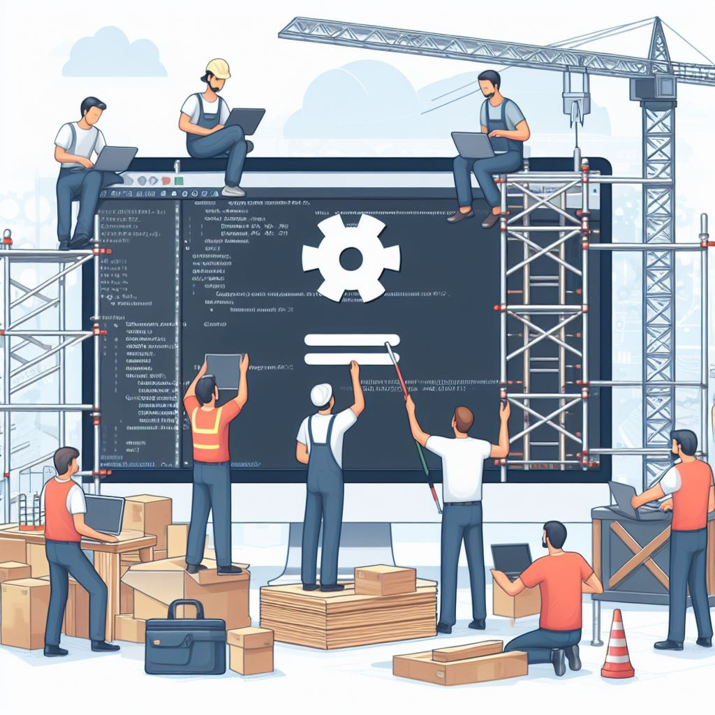 An image illustrating the nature of open source software by showing a group of construction workers building an app